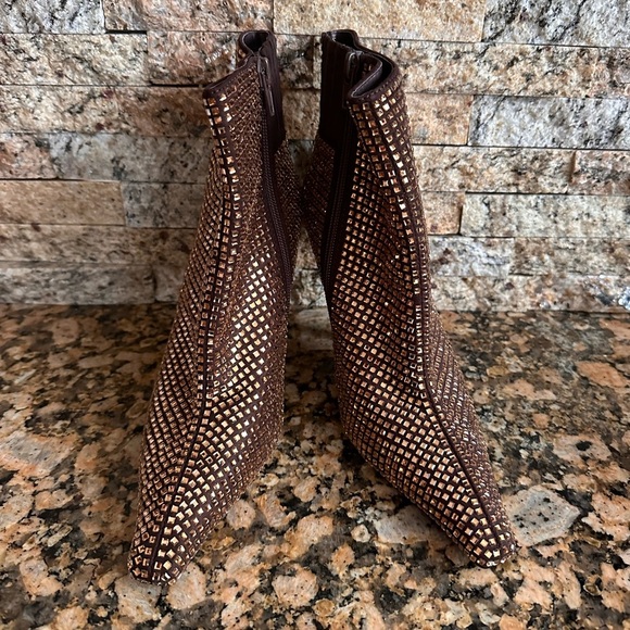 Jeffrey Campbell "Glammed" booties in bronze w/rhinestones over satin - Picture 6 of 8